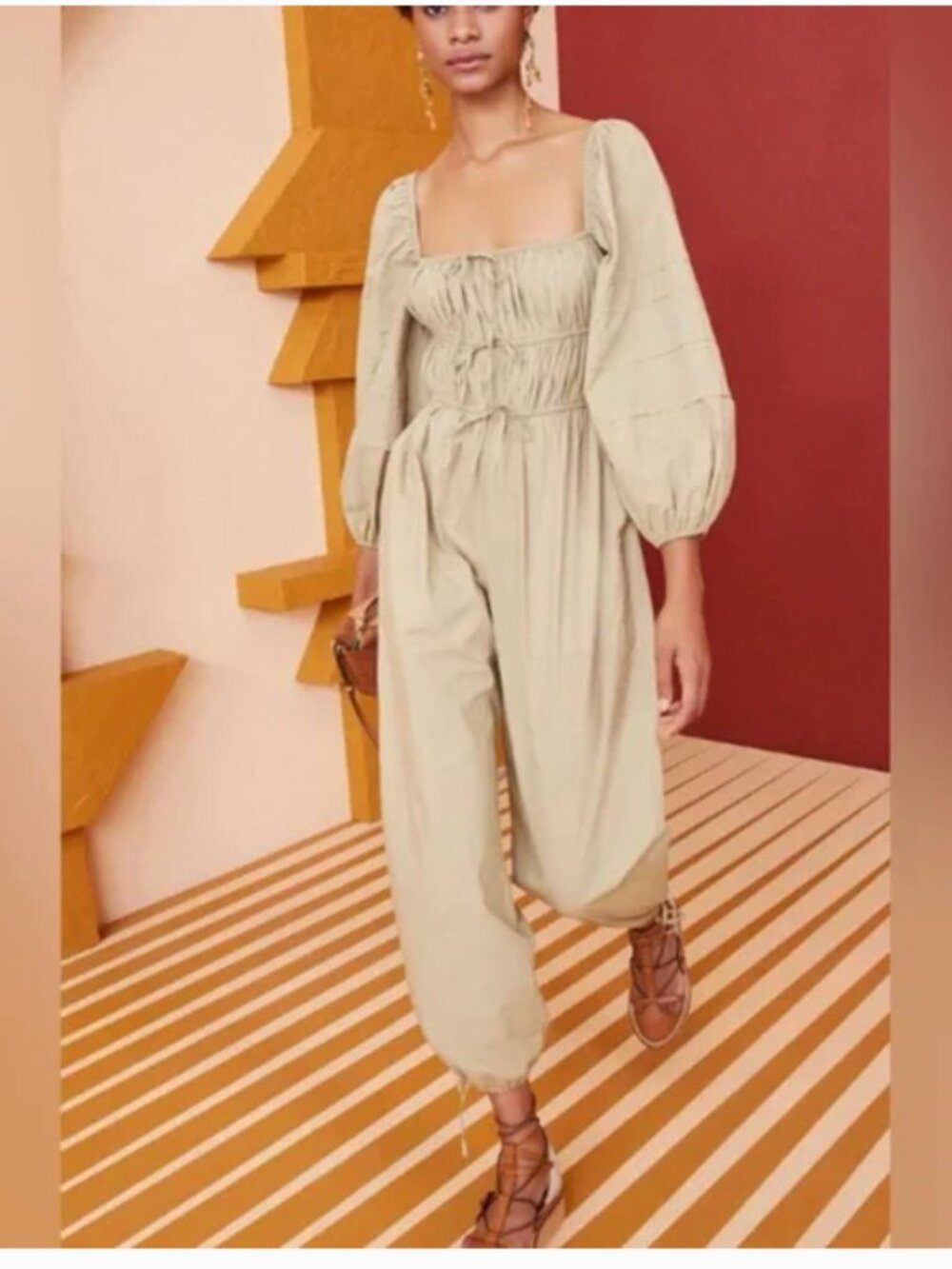 ULLA JOHNSON Amalie Jumpsuit Beige Khaki Cotton Poplin Tan, Size 8 - Picture 3 of 13